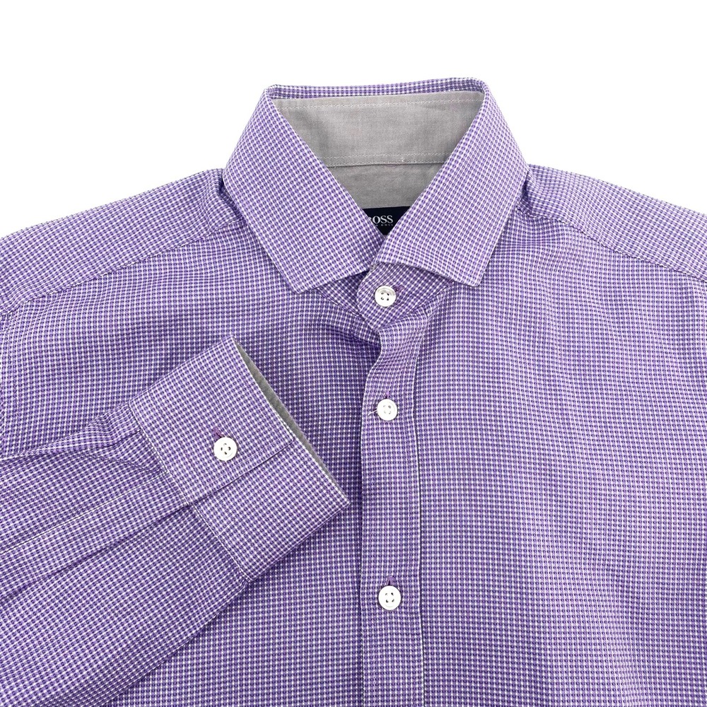 HUGO BOSS Mens Slim Fit Purple Check Dress Shirt Long Sleeve S Modern Essential